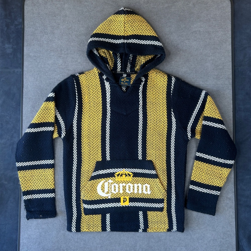 Primitive Corona Baja y2k Hoodie Navy Blue Yellow Striped Woven Pullover Mens S